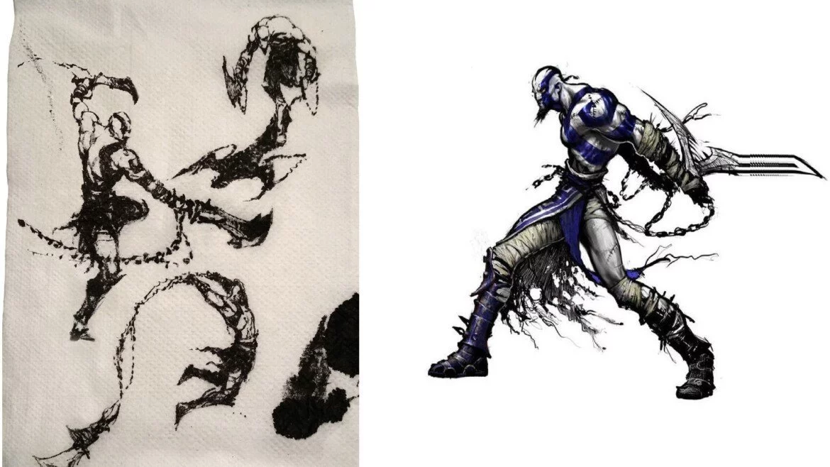Concept of Kratos on tissue draw by Charlie Wen - the creation of Kratos