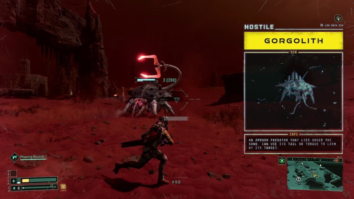 Be careful to Gorgolith with laser beam - Returnal PS5: Monsters, creatures, enemies players will encounter.